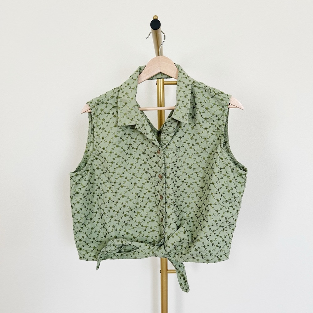 Vintage Faded Glory Green Floral Leaf Sleeveless Button-Up Top - XL